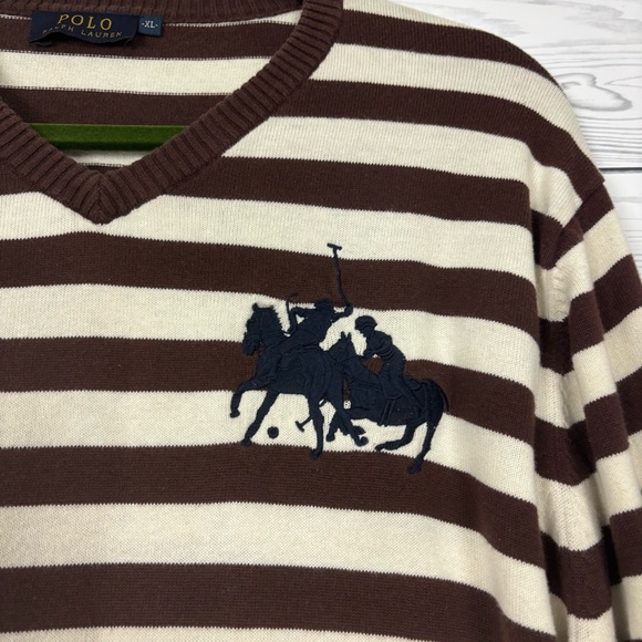 VTG POLO RALPH LAUREN BIG PONY #3 JERSEY SWEATER BROWN WHITE STRIPED XL - Picture 3 of 14